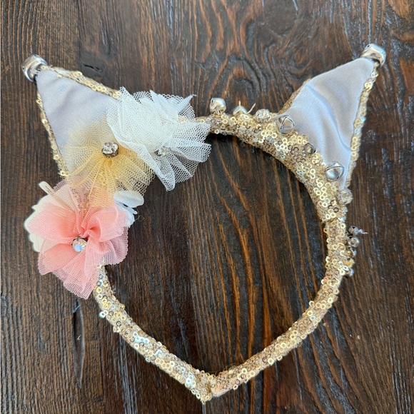 NWT Anthropologie Gold Sequin Cat Ear Headband with Pink and Yellow Flowers - Picture 1 of 4
